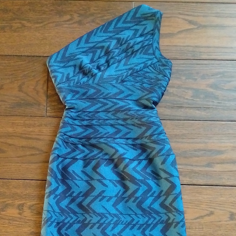 NWT Herve Leger Dagny Blue and Black One Shoulder Dress XS $1550